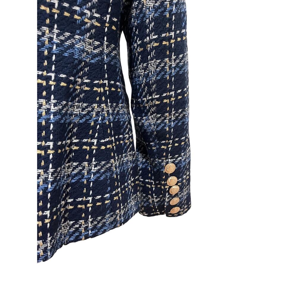 Boston Proper Blazer Womens Size 10 Blue Plaid Tweed Gold Button Double Breasted - Picture 8 of 13